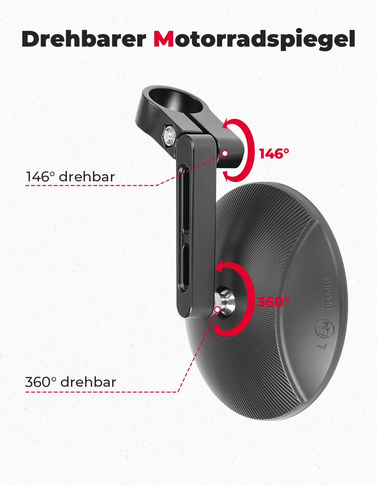 KEMIMOTO CNC Motorcycle Mirror E24 Approved, 360° Rotatable, 2 Pcs Round Bar End Mirrors, Motorcycle Mirrors Compatible with Most Motorcycles, ATV, Scooter, Moped