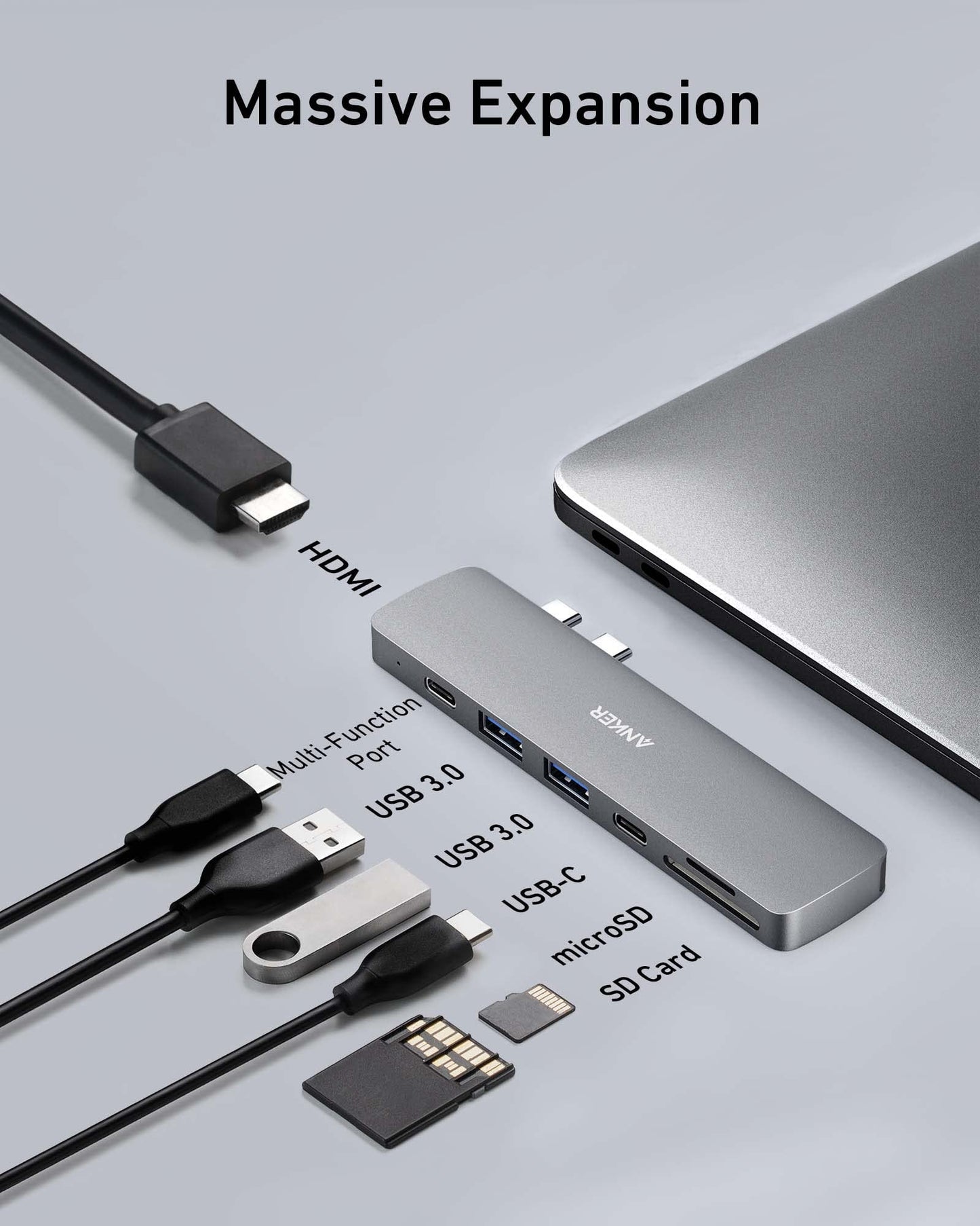 Anchor PowerExpand Direct 7-in-2 USB-C Hub for MacBook, USB-C adapter with Thunderbolt 3 USB-C (100W PD), 4K HDMI port, USB-C & USB-A 3.0 data transfer, SD & microSD card slot.