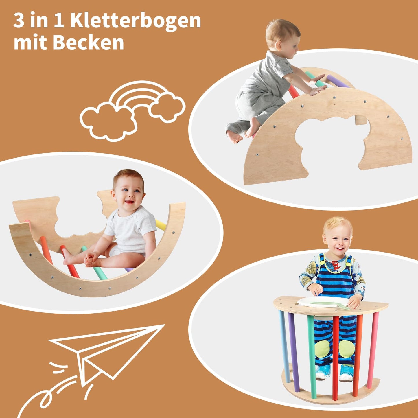 BommJokker climbing frame indoor, climbing triangle, climbing arch, climbing triangle with slide, 4 in 1 multifunctional indoor playground for children aged 3+ years (multicolored)