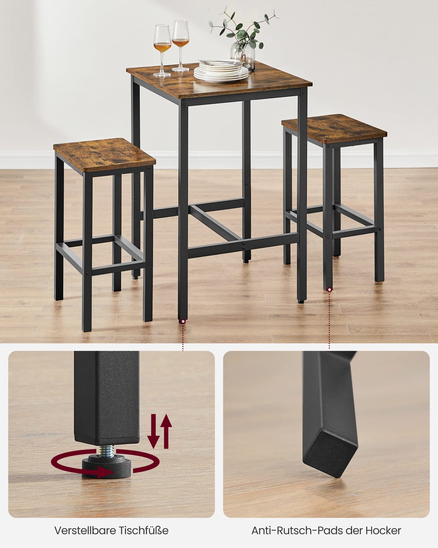 VASAGLE bar table with bar stool set, dining table with 2 chairs, small kitchen table, bar chairs, for dining room, kitchen, vintage brown-ink black LBT017B01