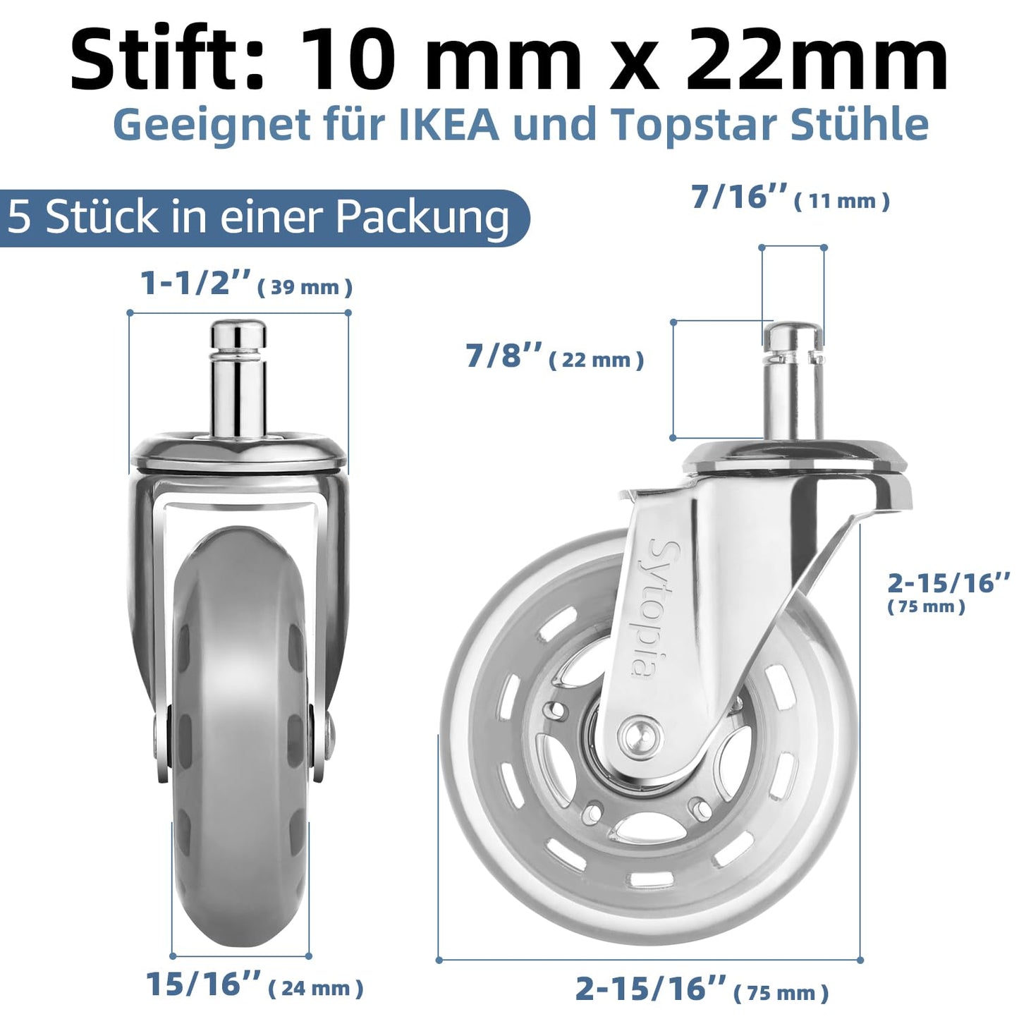 Sytopia office chair wheels 10mm, casters for office chairs 10mm x 22mm, rubber office chair casters 5-piece set for hard floors, parquet, laminate, floor protection mats, only compatible with IKEA office chairs (Silver)