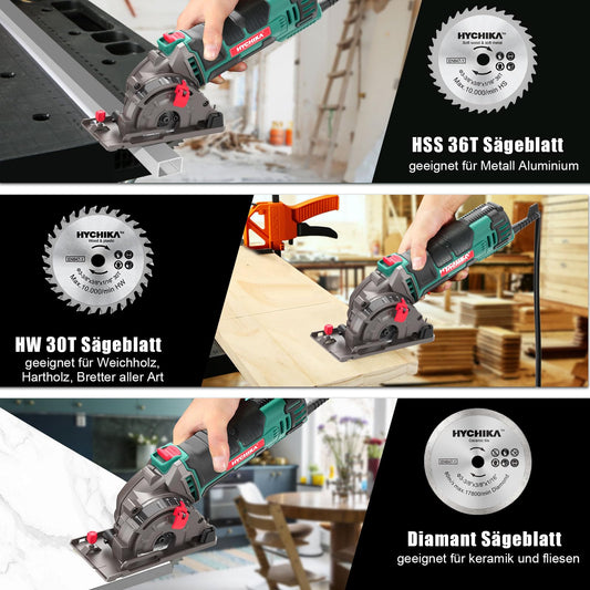 HYCHIKA Mini Circular Saw, Hand Saw with 3 Blades, Scale Ruler, 500W Pure Copper Motor, 4500RPM, Ideal for Wood, Soft Metal, Tile, and Plastic Cuts.