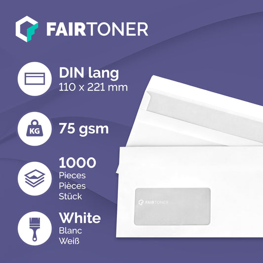 FairToner DL envelopes with window (1,000 pieces) self-adhesive, window envelopes 22 x 11 cm white