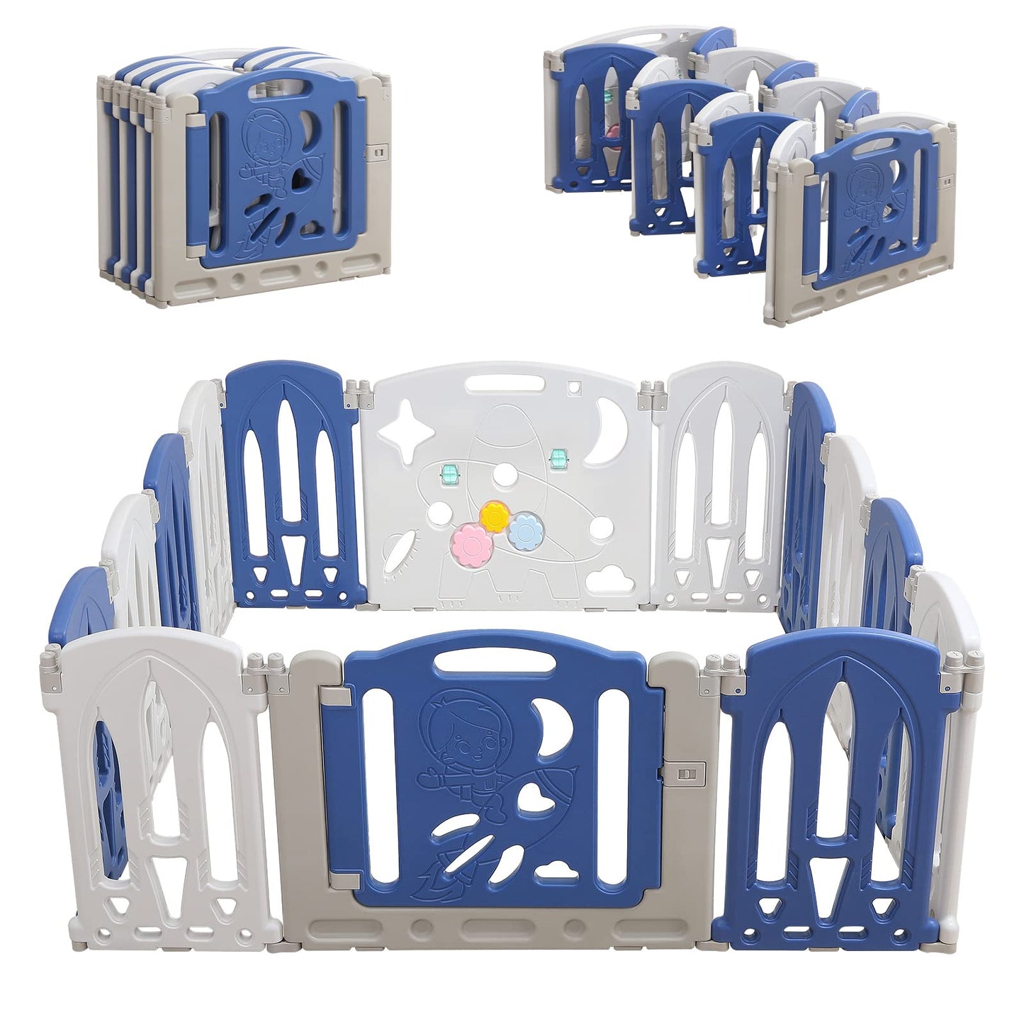 NAIZY Playpen for Baby 12+2 foldable Playard with Toy Panel & Door Panel Crawling Grid Non-slip HDPE Safety Gate Playpen for Kids Indoor and Outdoor, Blue+White