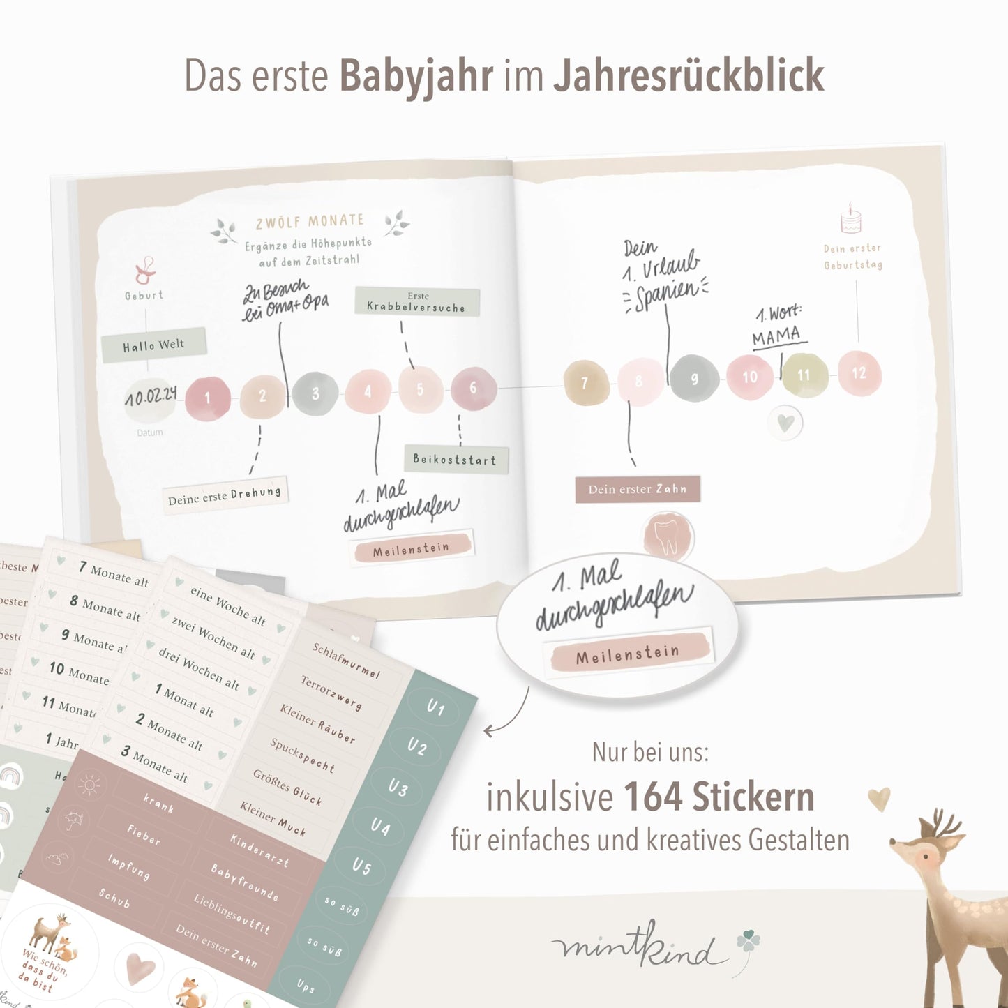 mintkind® Baby Album "My First Year" Flower + Sticker Set | Baby Photo Album for Personalization | Baby Gift for Girl and Boy | Baby Book for Memories | Baby Journal from 0 Months