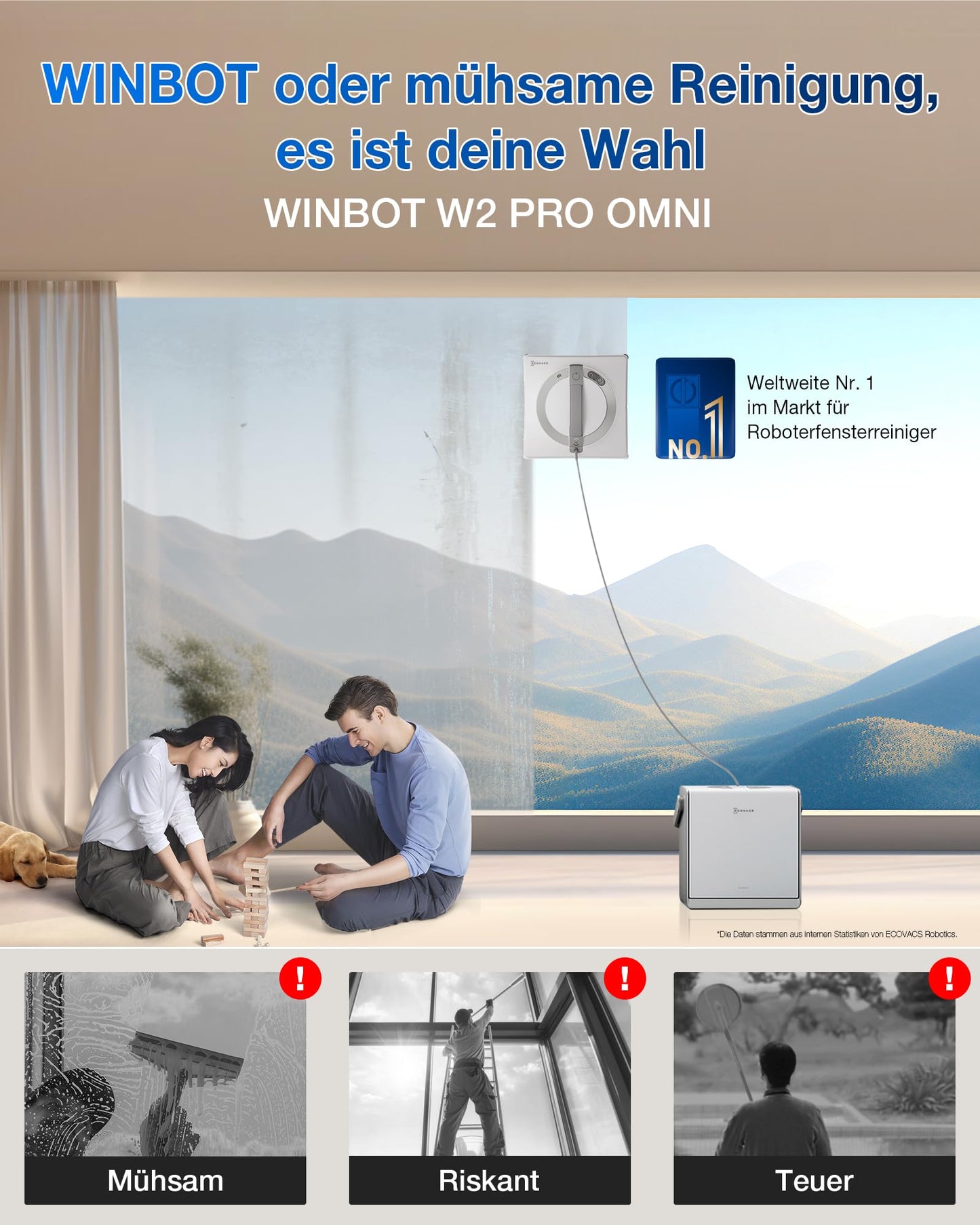 ECOVACS WINBOT W2 PRO Omni window cleaning robot with 6-in-1 multifunction station, on-the-go recharging, 3-nozzle spray head, 12-step safety features, Win-SLAM 4.0 path planning, White