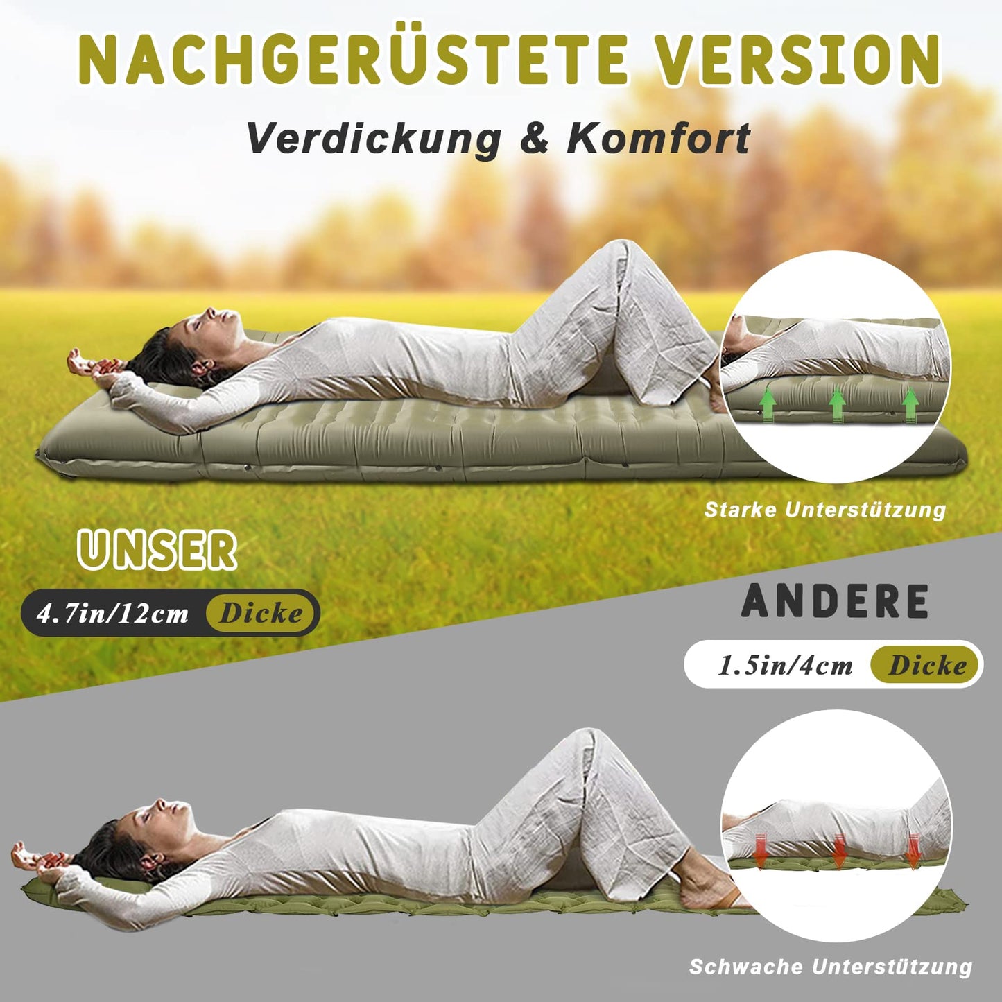 Herenear camping self-inflating sleeping pad, self-inflating sleeping pad ultra-light with pillow, waterproof portable camping air mattress with foot pump for hiking, outdoor, travel, beach.