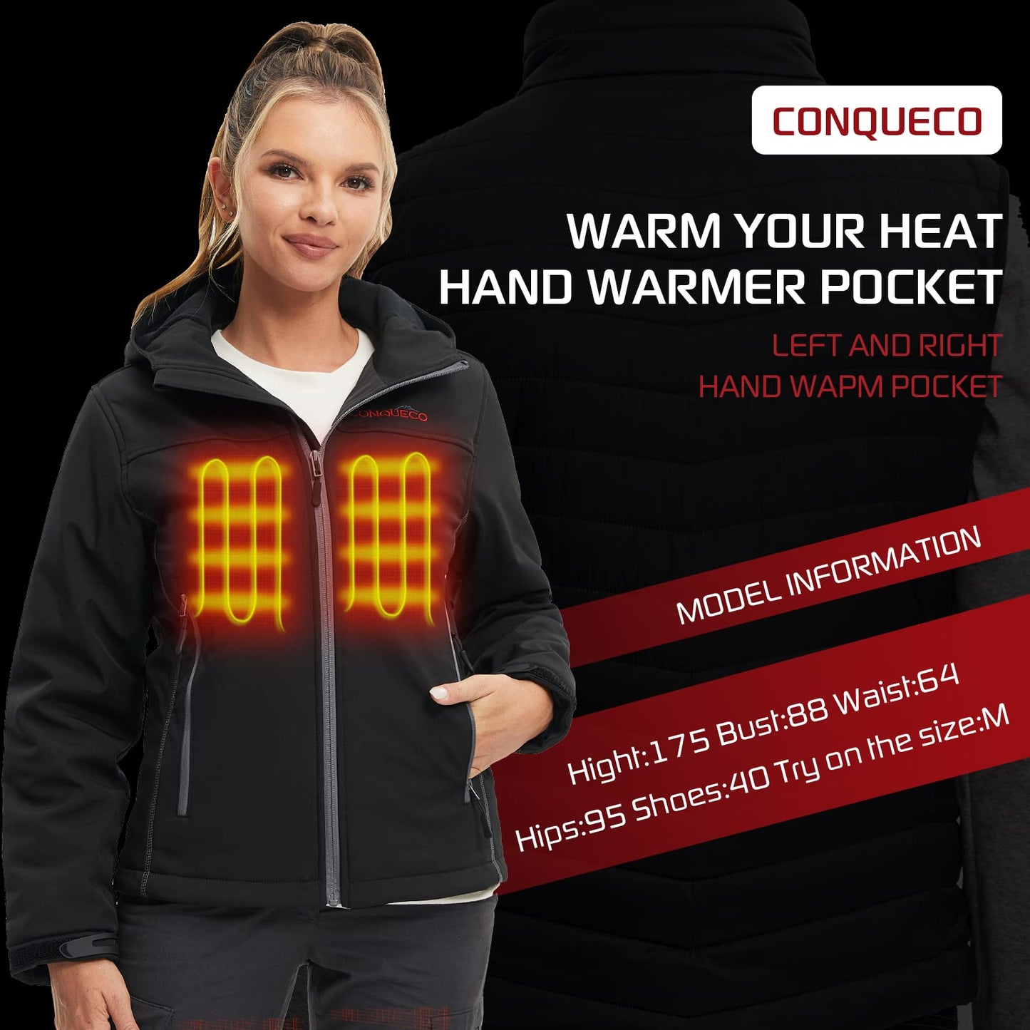 CONQUECO Heated Jacket for Women, Electric Heated Coat Waterproof Windproof with Battery for Outdoor Work and Daily Wear.