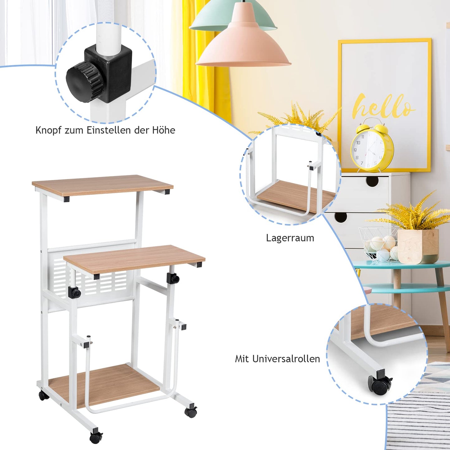 GOPLUS Laptop Table on Wheels, Standing Desk with Height-Adjustable Shelf, Space-Saving Stand-Up Computer Desk with Metal Frame, Storage Space and Footrest, Holds up to 23 kg, Natural.