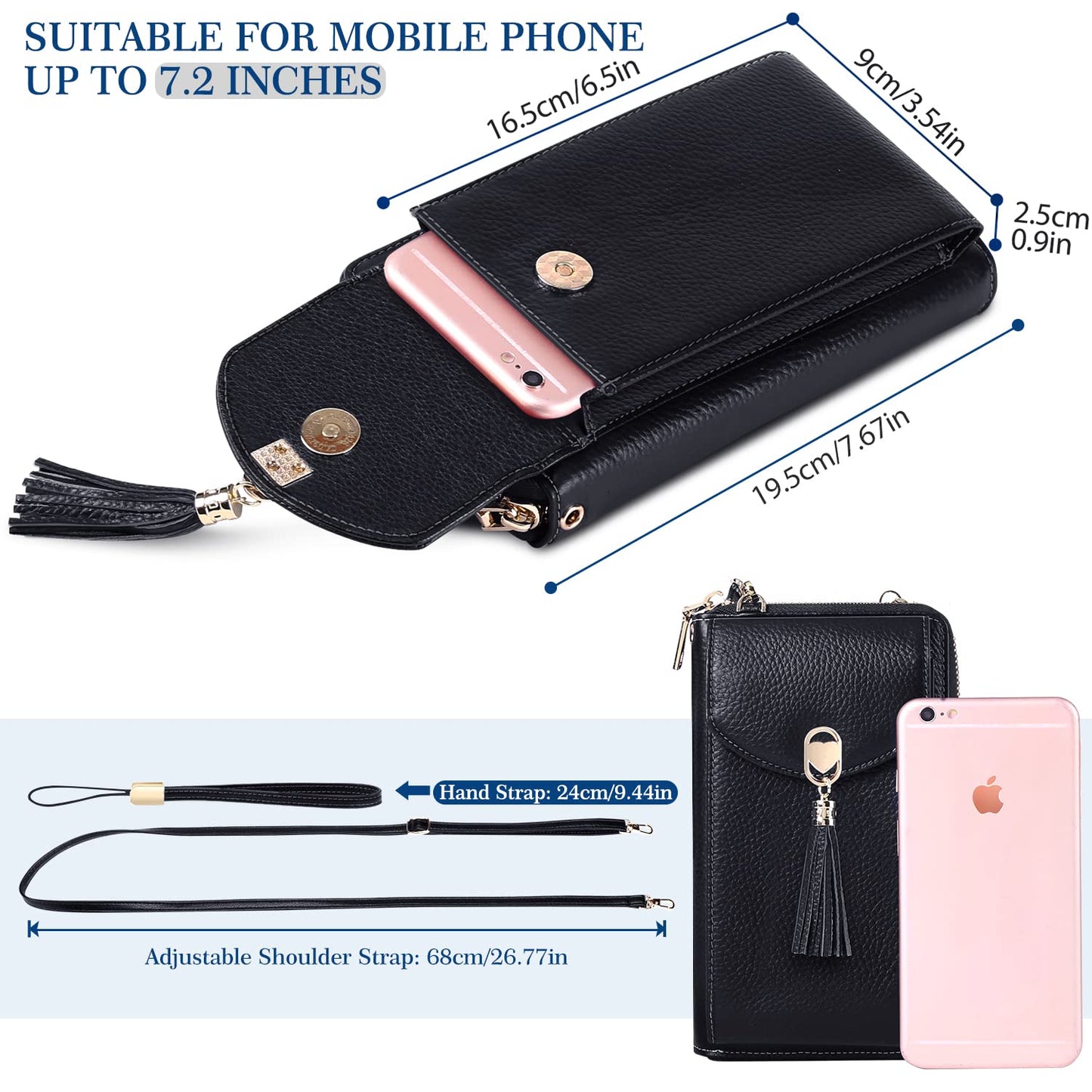 BTNEEU crossbody phone purse for women is made of leather with RFID protection. It features 12 card slots, adjustable shoulder strap, and can hold your phone and wallet securely. Available in black.