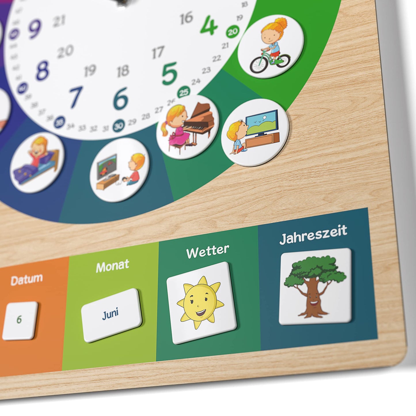 Cander Berlin MNU 11835 R Children's Wall Clock silent 40 x 30 cm noiseless Magnet Pictures Children's Room Daily Routine Wooden design Learning clock Children's room analog without ticking Girls Boys