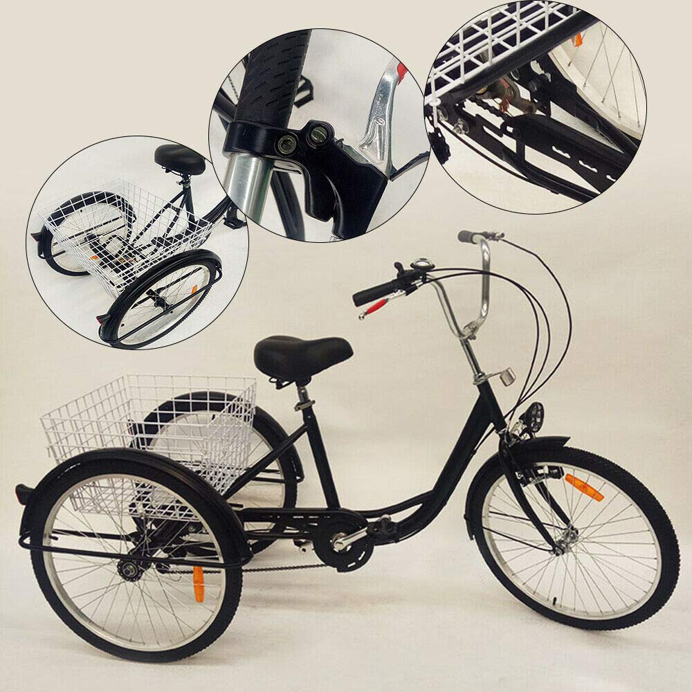 24"3 wheel tricycle for adults with light, 6-speed bike, shopping basket trike pedal bike, for outdoor shopping picnic (black)