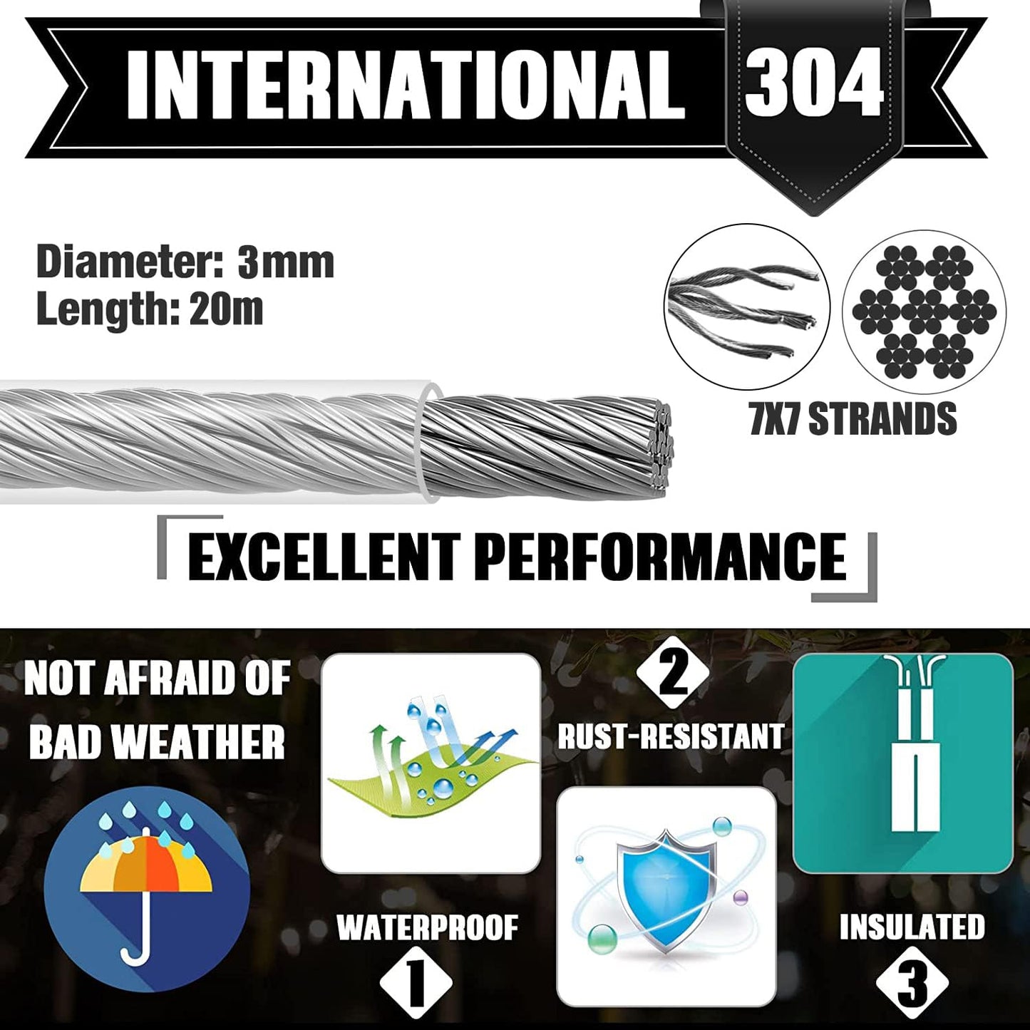 20m stainless steel rope 3mm coated + M5 tensioning system with eye hook | Weatherproof wire rope for plant climbers, decoration & laundry drying (3mm 20m stainless steel rope)