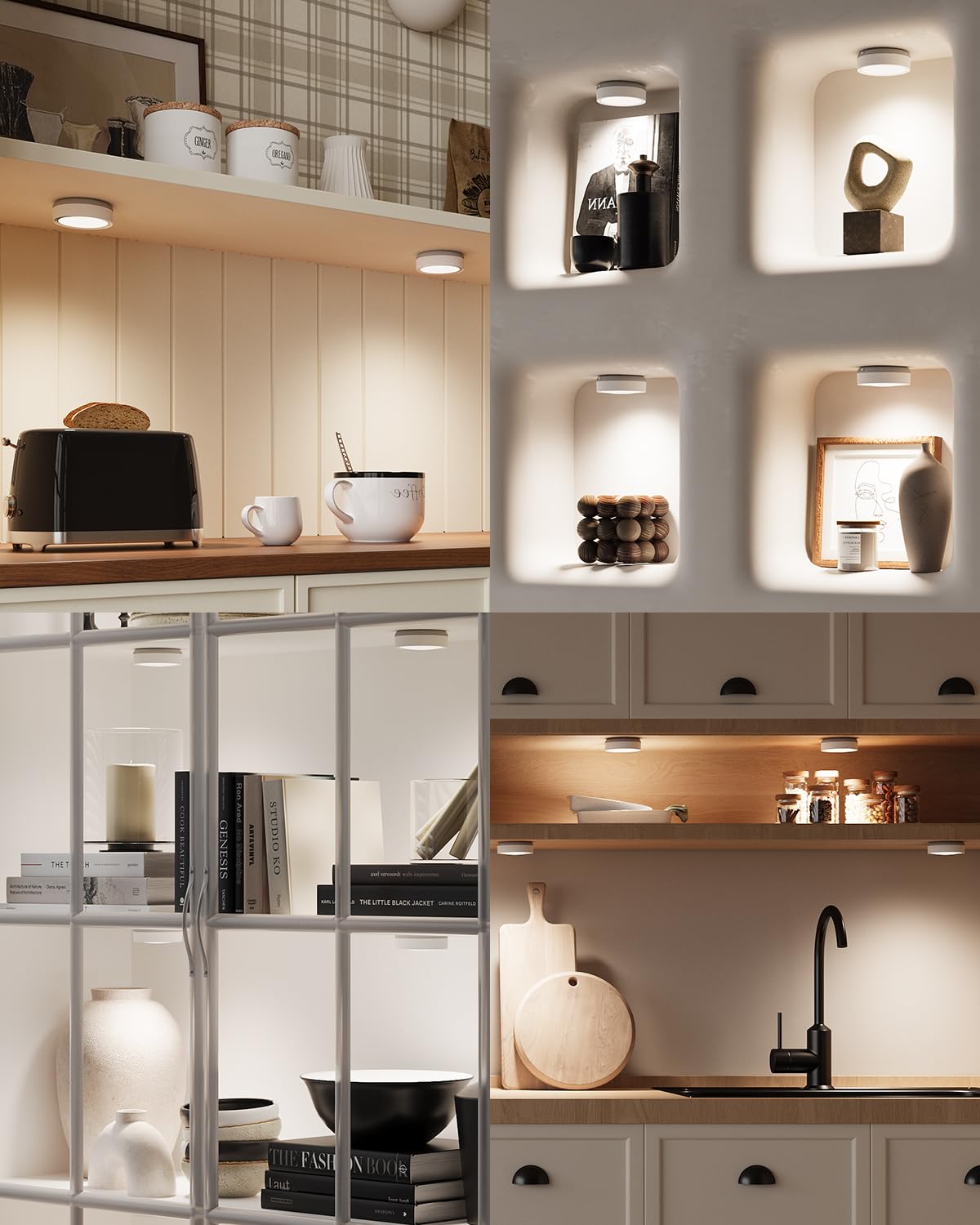 Rechargeable LED spot with remote control, 2400mAh battery operated wirelessly dimmable display lighting with timer and magnet, round under cabinet light kitchen battery without cable USB-C cabinet lighting.