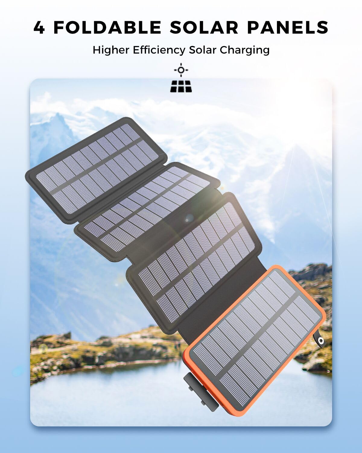 ADDTOP Solar Power Bank 25000mAh - Portable solar charger with 4 solar panels, outdoor waterproof external battery pack with 2 USB A & 1 USB C for iPhone, Android, and tablet, camera outdoor Orange