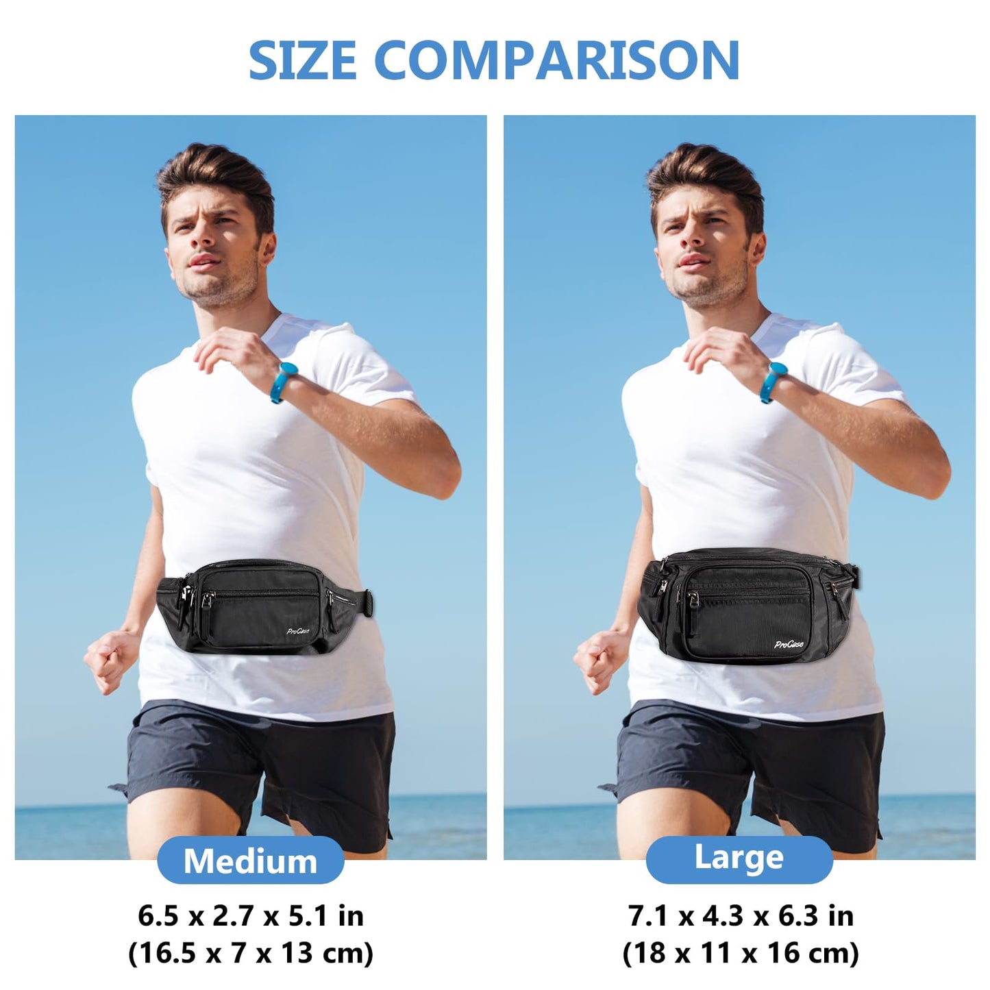 ProCase Large Waist Bag Waist Pack Waterproof Hip Bag for Men and Women Large Nylon Fanny Pack with 6 Zipper Pockets for Traveling Sports Hiking Jogging Dog Walking