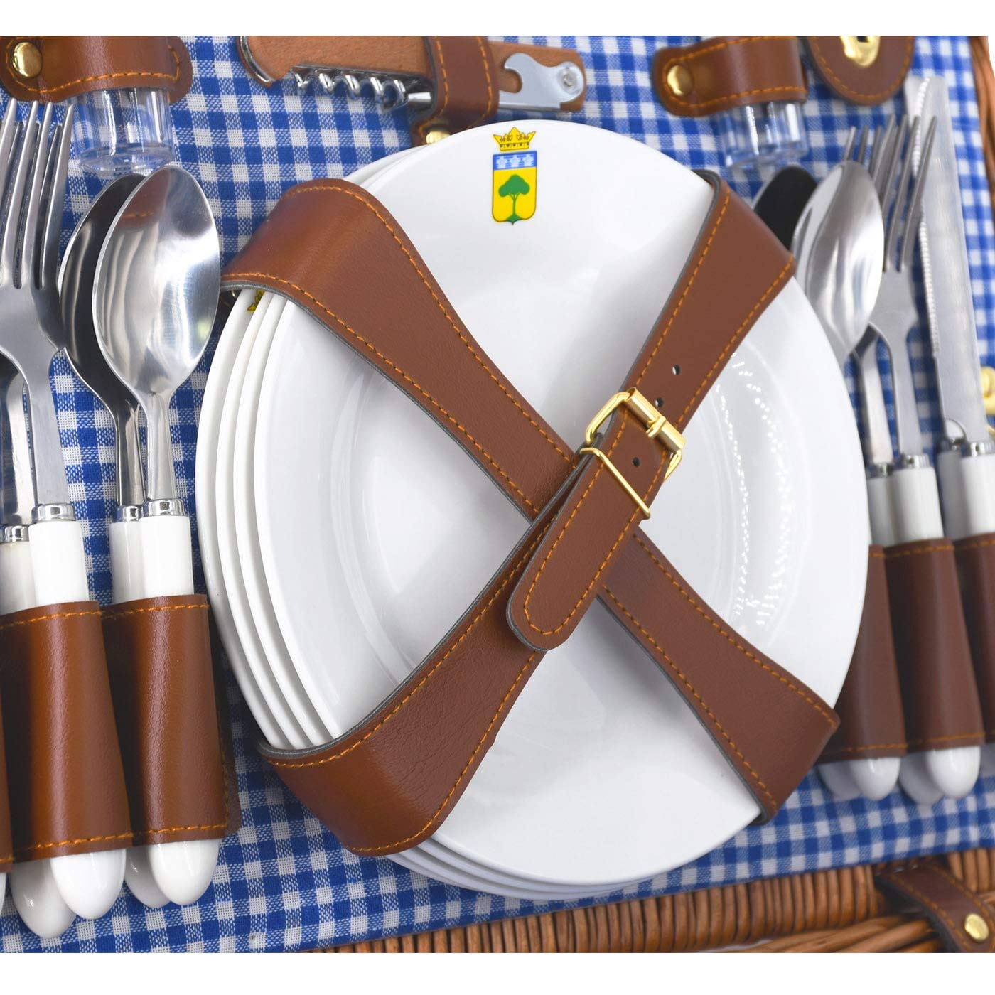 The Countess's Gardens - Marly Picnic Basket - Vichy fabric - complete - 4 people - cooler compartment - ceramic plates and glass wine glasses - 46 x 31 x 20 cm