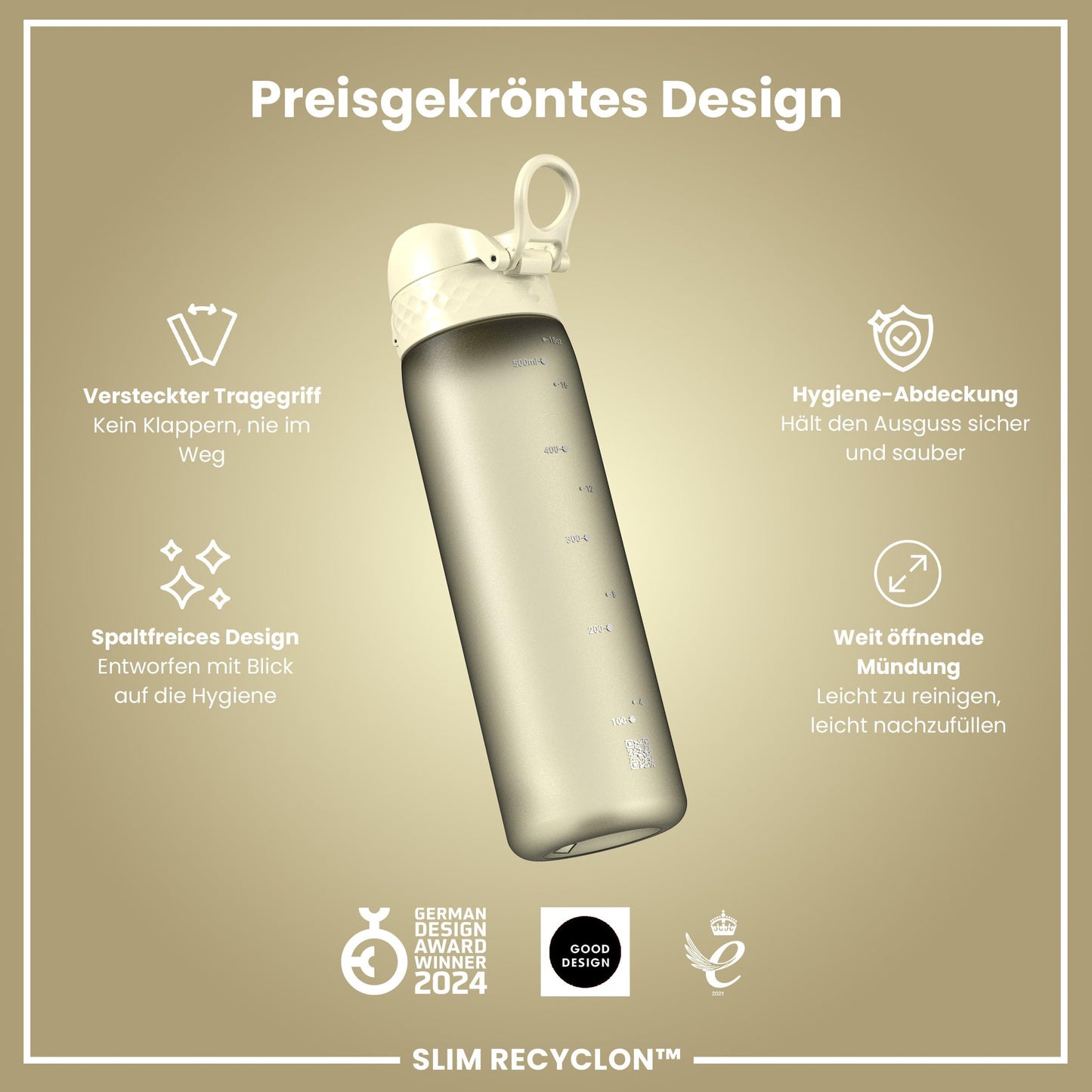 ion8 water bottle, 500ml, leak-proof, one-handed opening, secure locking, dishwasher safe, BPA-free, carrying handle, flip lid, easy to clean, climate-neutral, creamy white.
