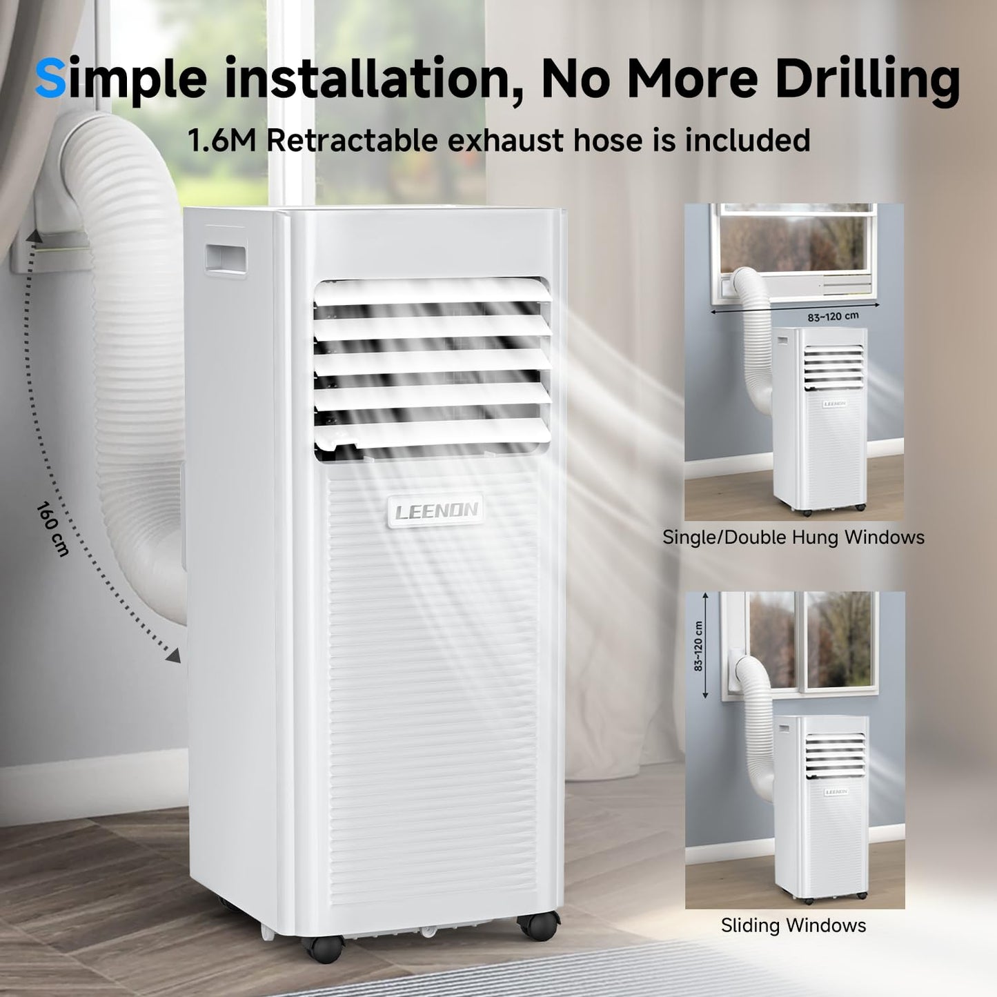 Air conditioner Mobile 9000 BTU, LEENON Mobile air conditioner 4 in 1 Cooling Dehumidifying Fan & Sleep Mode, 2.6KW Portable air conditioner with exhaust hose, Remote control/24h timer for home office up to 35 m².