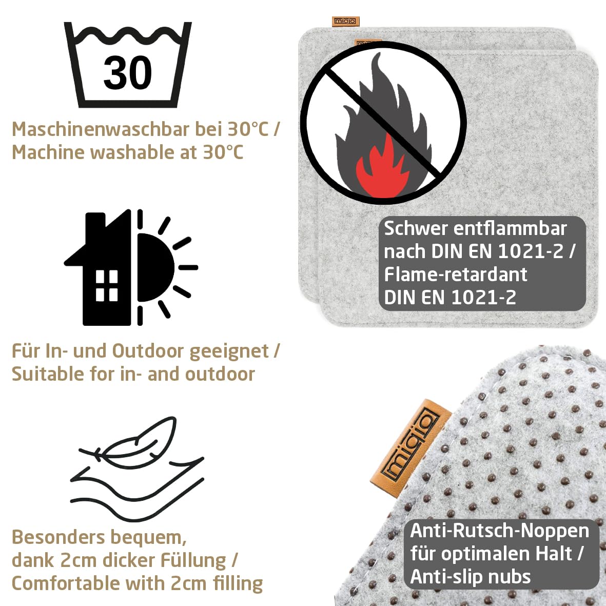 Miqio Design felt seat cushions rectangular with anti-slip knobs | 35cm | 4-pack | Indoor and outdoor | Sustainable made from recycled PET bottles | Washable chair cushions non-slip | Light grey