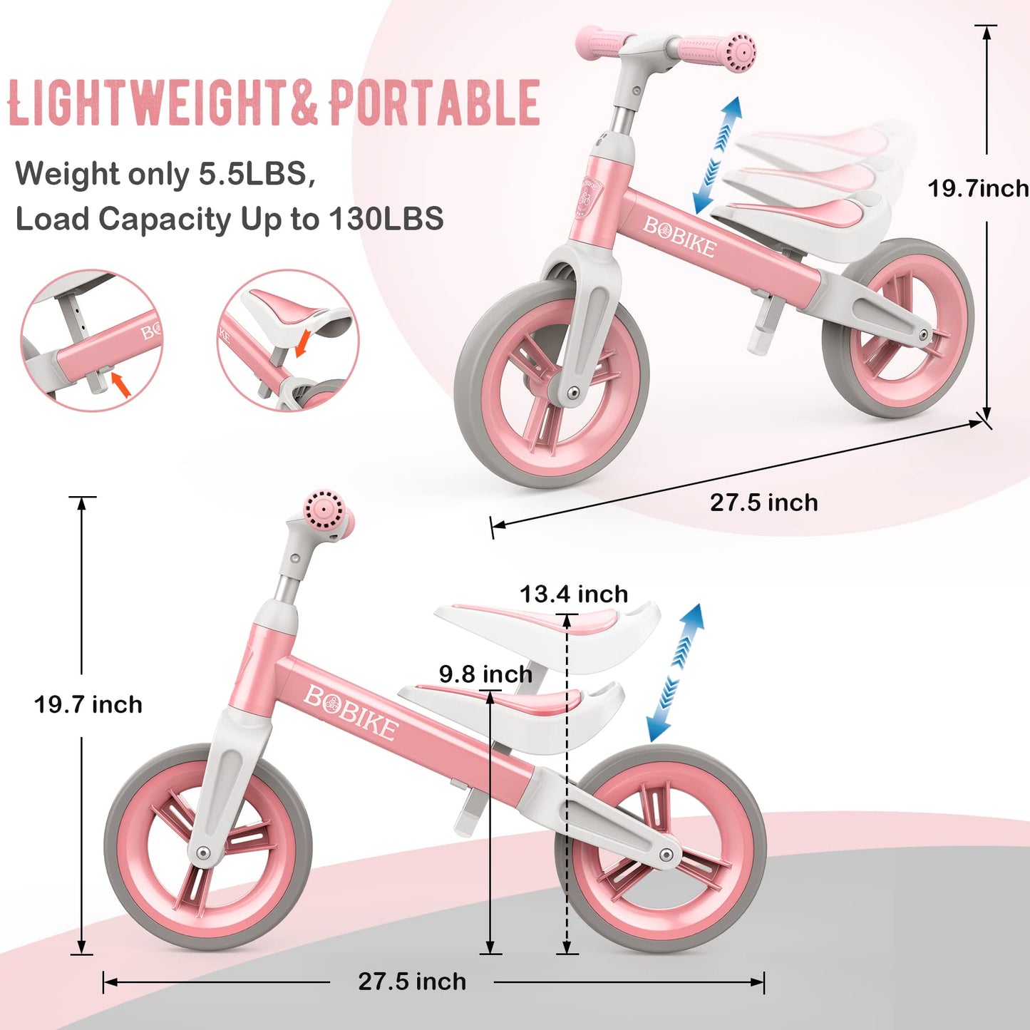 MHCYLION balance bike for 1.5-4 year olds up to 25kg, adjustable handlebar and seat height, handlebar lock, ultralight kids' balance bike for boys and girls (pink)