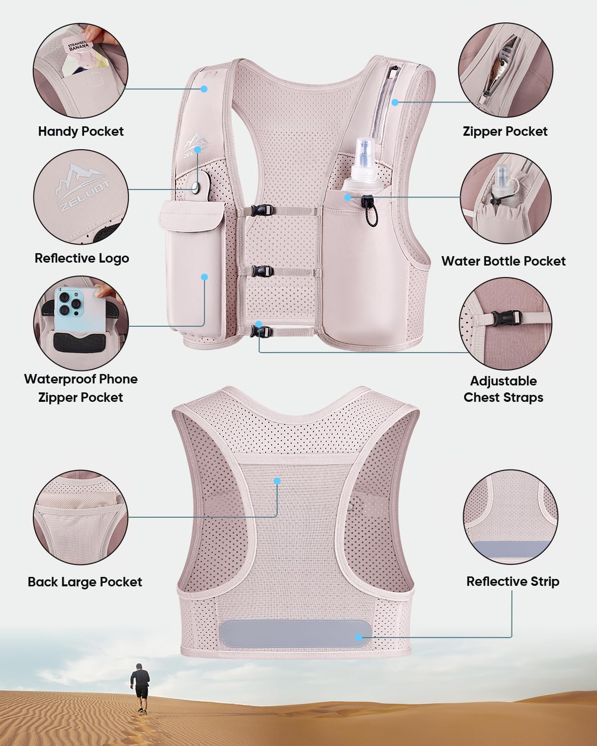 Zelvot running vest for men and women, European original patent, Adjustable chest straps, Hydration vest for running with 500ml water bottle, Reflective hydration pack with phone holder (Pink, XS/S)