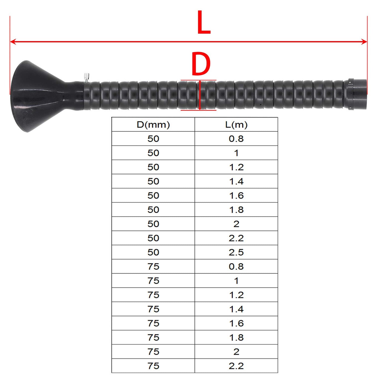 Adjustable extraction arm for solder fume extraction - for dust, fumes, and welding smoke - outer diameter 50-75mm - length 0.8-2.5m (outer diameter 50mm, length 1.6m)