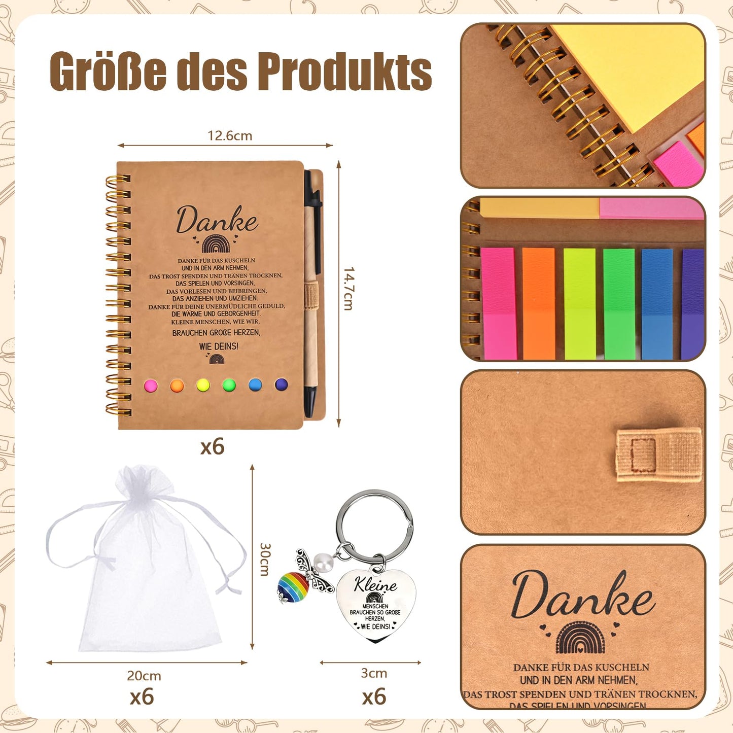 6-pack farewell gift for educators, including notepads, keychains, organza bags. Thank you gift for teachers, goodbye gift for daycare, kindergarten, elementary school.
