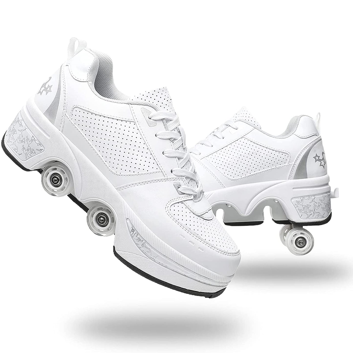 Roller skate shoes, skate shoes with wheels, inline skate, adjustable women's shoes with wheels for girls (size 38, White Silver)