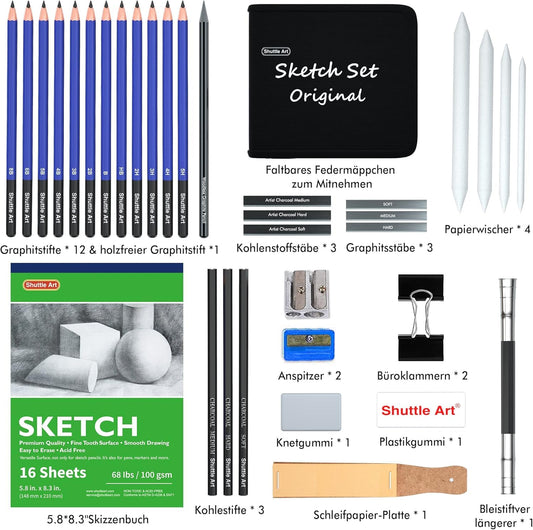 Shuttle Art Drawing Set, 37-piece professional drawing pencil set, includes zippered carrying case, sketch set with graphite pencil, charcoal pencil, sketchbook, suitable for adults and children.