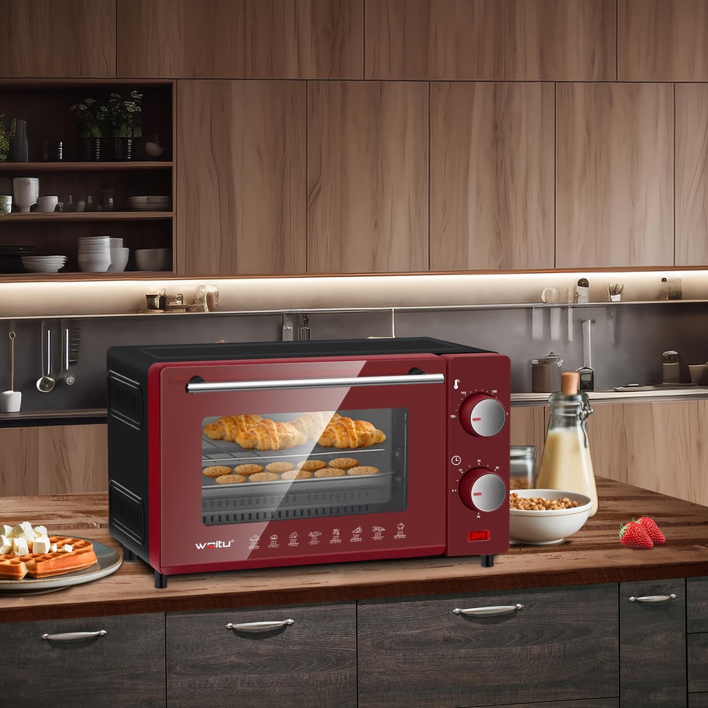 WOLTU Mini Oven 10 Liters, 650 Watts Toaster Oven, small electric oven, 100-230 °C, 60 min., top and bottom heat, with baking tray, grill grate, and detachable handle, red+black.