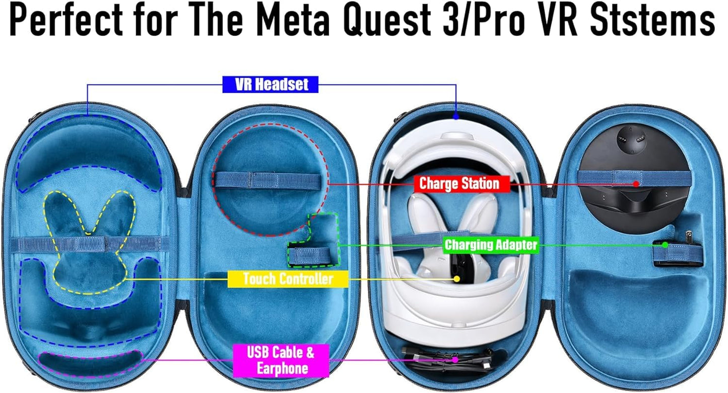 Aenllosi hard shell case for Meta Quest Pro/Meta Quest 3 All-In-One VR Headset, case only (black+blue)