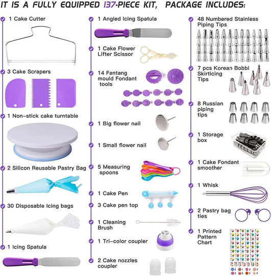 YIGeyi 137-piece baking set includes rotating cake stand, DIY tools, cake decorating sets, bags, tips, spatulas, and more. (137 pcs, Purple)