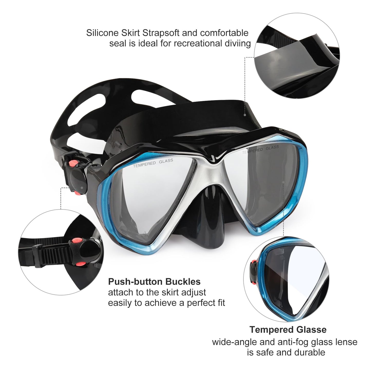 Adult diving mask with anti-fog snorkel mask, tempered glass swim mask and nose cover for snorkeling and swimming (A-Blue)