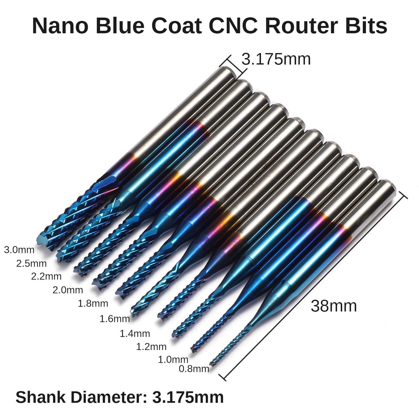 Genmitsu end mill set with a total of 40 CNC router bits, 3.175mm (1/8") shank, CNC end mill set with 2-flute flat and ball nose end mills, Nano Blue coating & titanium coating, MC40A