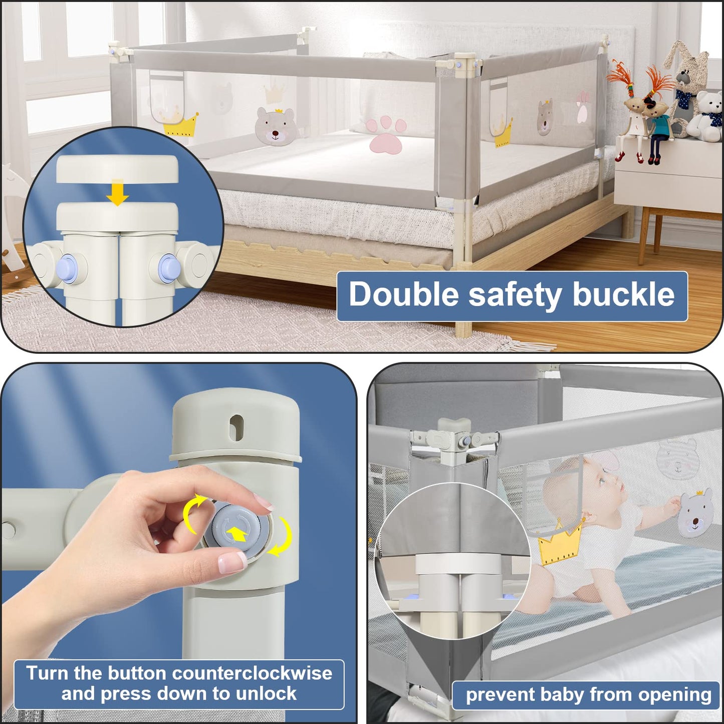 Ikodom bed rail 2X 200cm and 1x 180cm, adjustable height from 70-98cm, bed guardrail, safety rail for kids, easy to assemble baby bed rail.