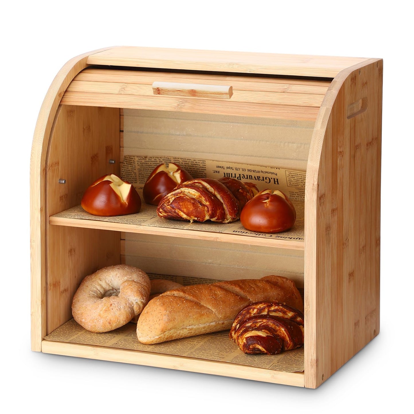 G.a HOMEFAVOR Bamboo Bread Box 2-Tier Bread Holder Roll-Top Bread Storage with Removable Layer, Self-assembly, 38x25x34cm