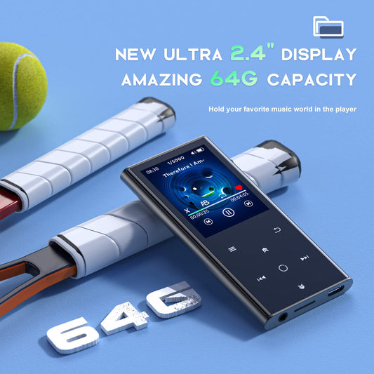 64GB MP3 player Bluetooth 5.2 with speaker and recording, 2.4-inch color screen HiFi music player with headphones, FM radio, and alarm clock. Supports up to 128GB SD card.