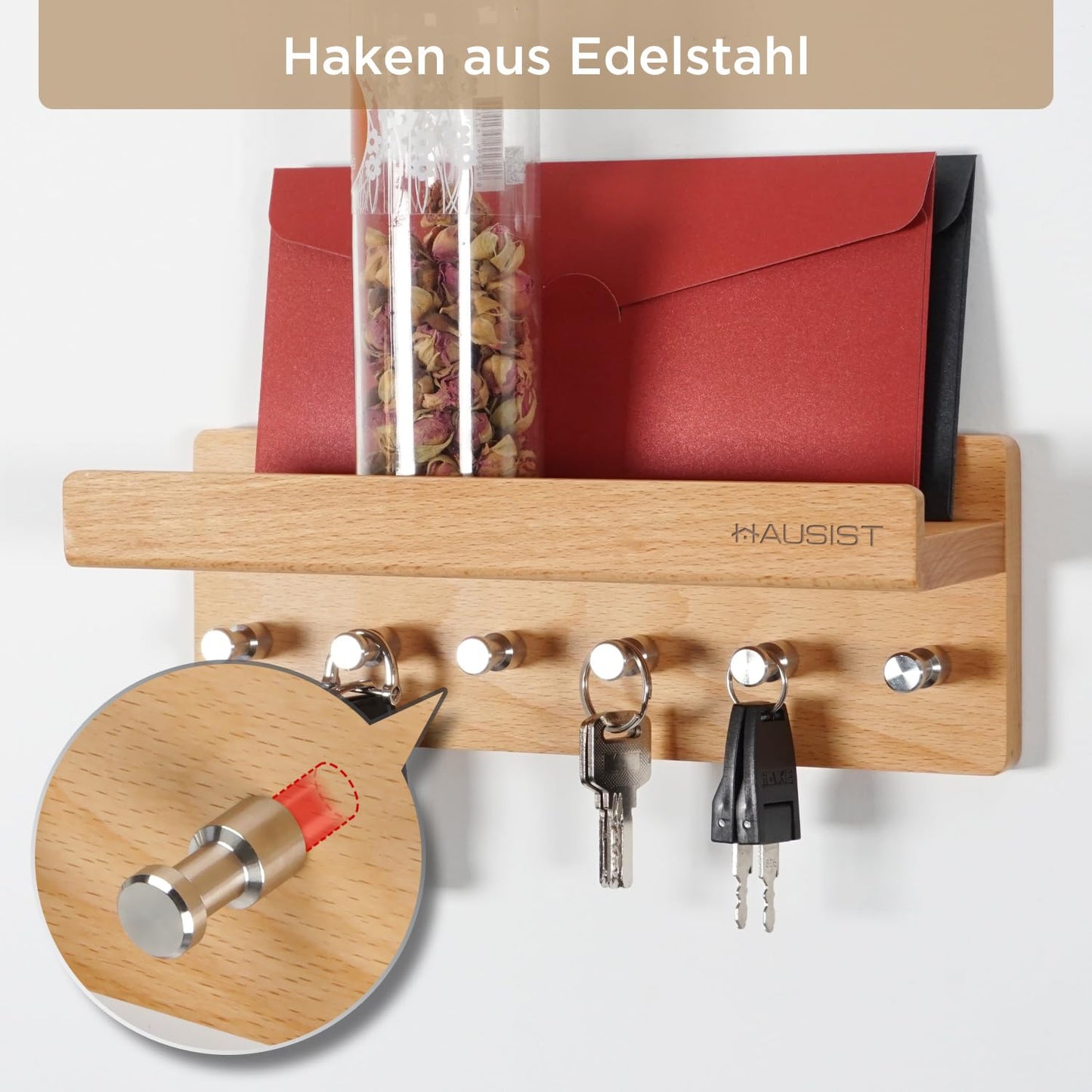 HOUSEIST key rack wood with shelf, wooden key box, key holder with stainless steel hooks, key tray wall, beech key board, key hooks key holder modern