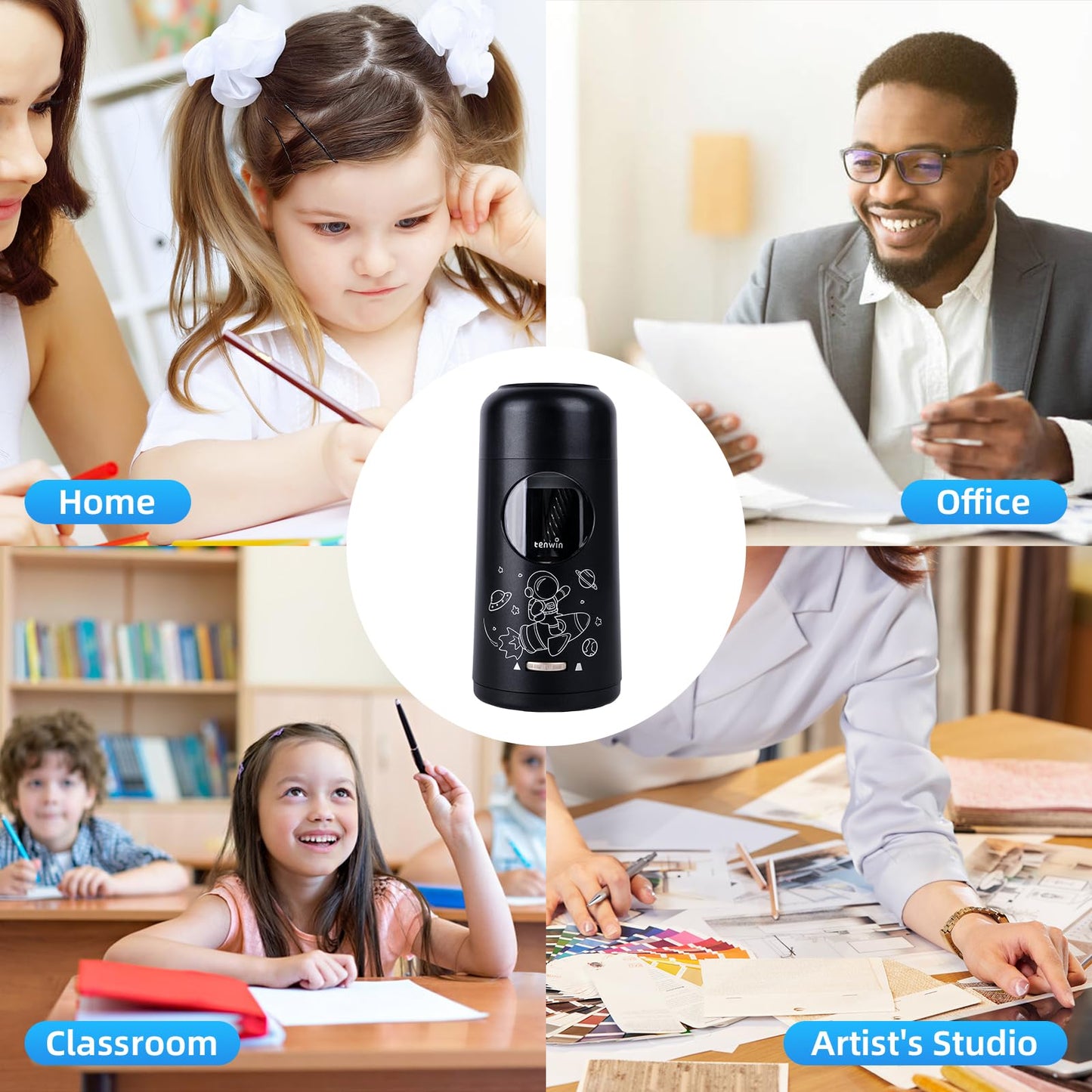 Tenwin Fully Automatic Electric Pencil Sharpener, rechargeable pencil sharpener with container for colored pencils from 7-11.5 mm, portable and safe for home, office, school (Black)