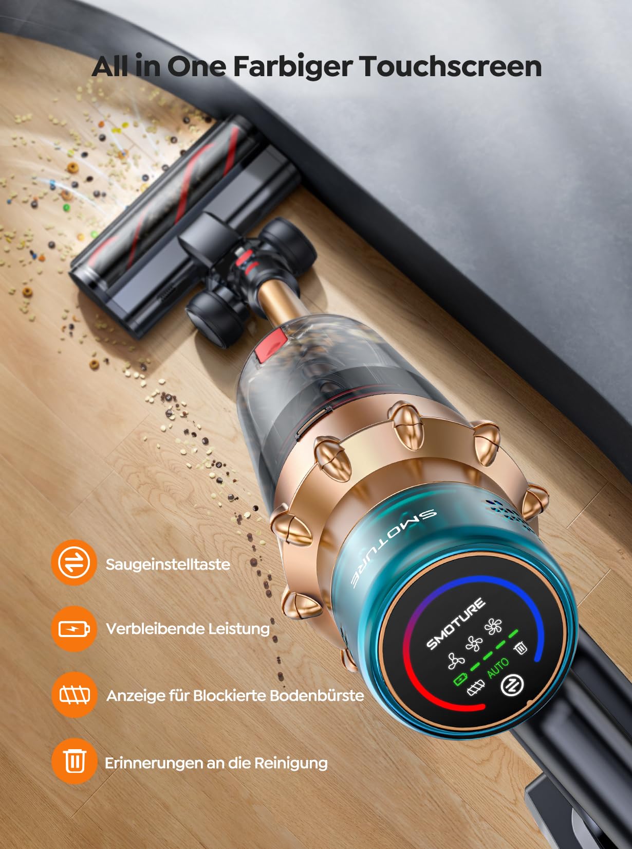 SMOTURE Cordless Vacuum Cleaner 50000Pa/600W/65Mins, Self-standing and Self-charging Vacuum Cleaner with Auto mode & Anti-tangle for Pet Hair, Carpet, Hard Floor