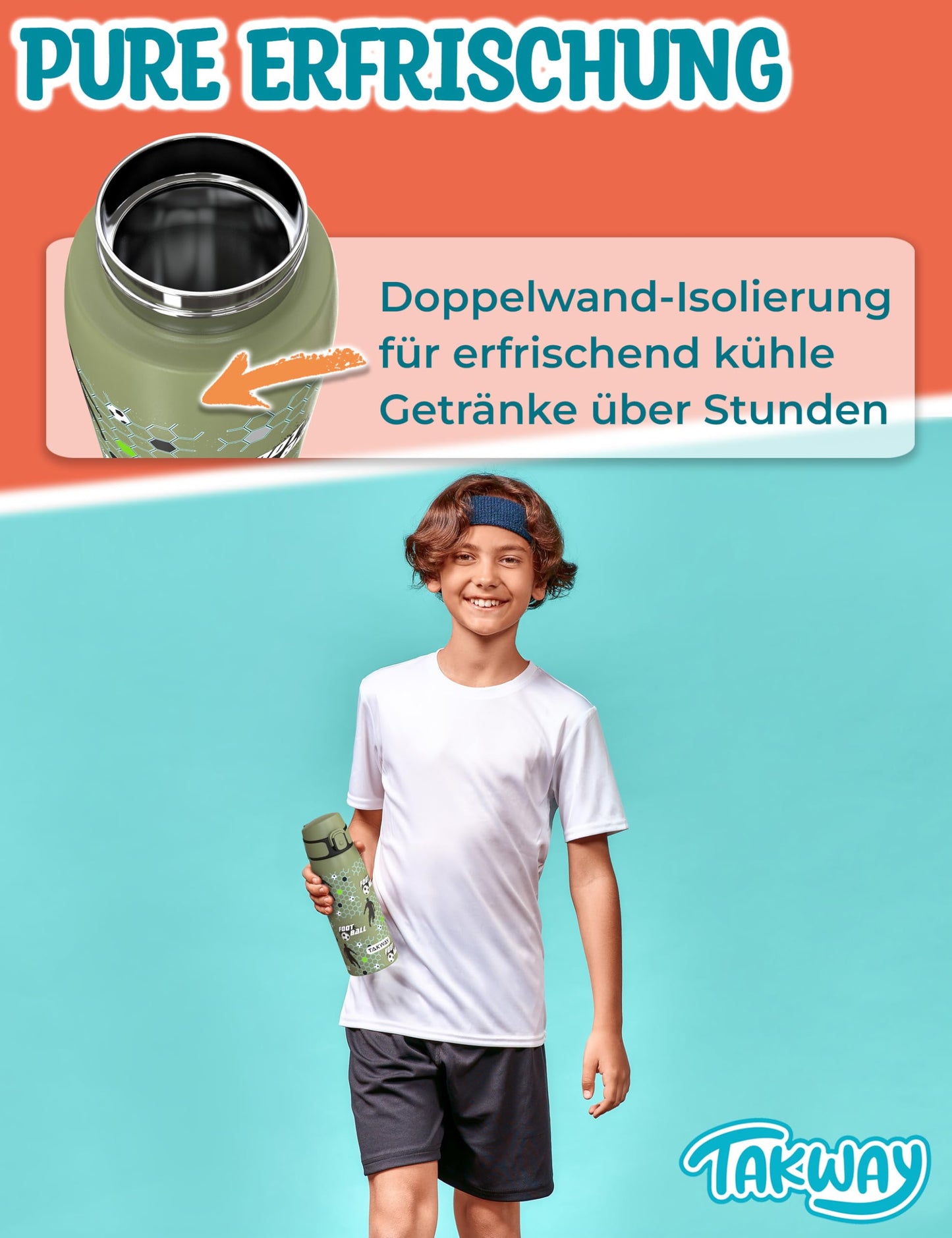 TAKWAY stainless steel water bottle for kids 550ml - Leak-proof, insulated and suitable for carbonated drinks - Ideal for school, sports (Monster)