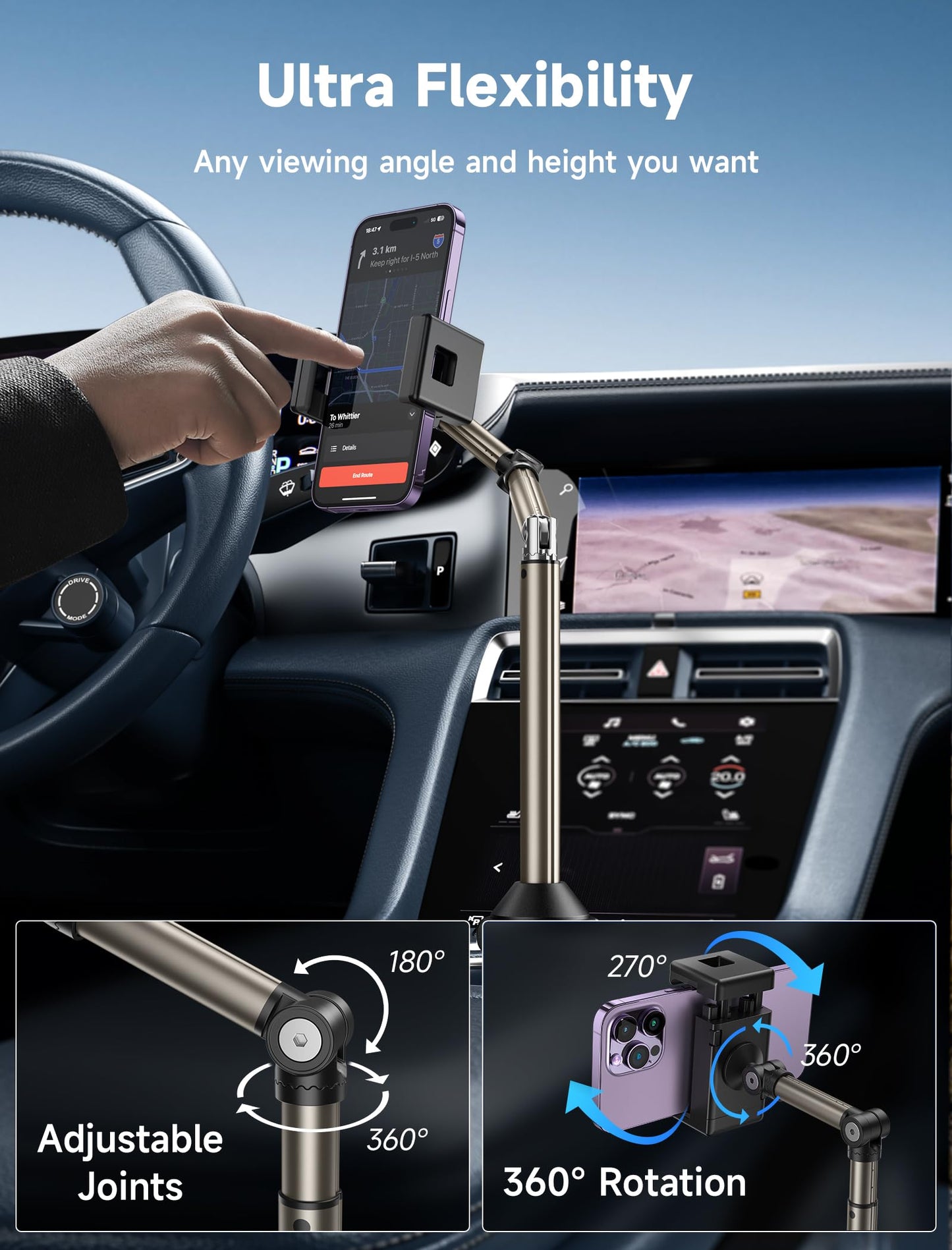JSAUX car cup holder phone mount, metal long arm stable phone holder for car - adjustable for iPhone 16 15 Pro Max 13 12 11, Samsung Galaxy S24 S23 Ultra, Google Pixel 9 Pro