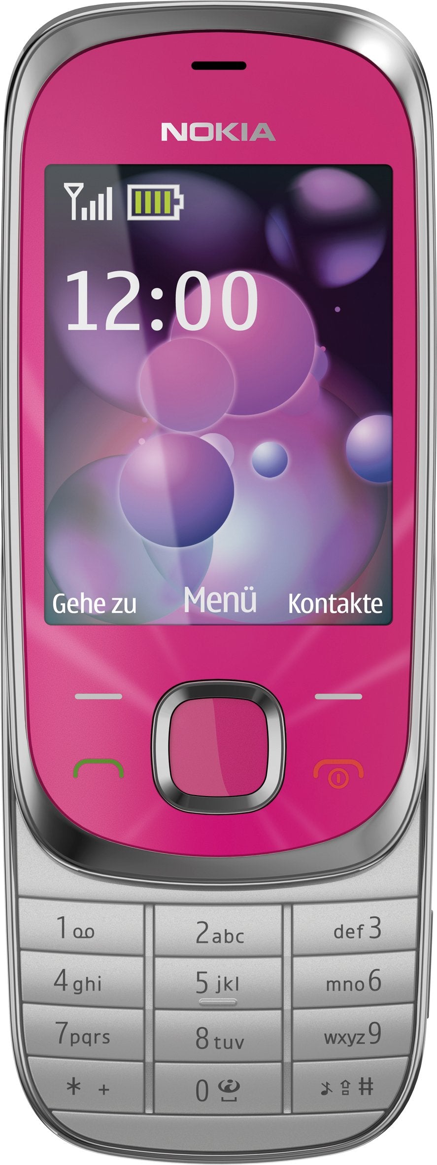 Nokia 7230 mobile phone (3.2 MP, music player, Bluetooth, flight mode, 2GB memory card, slider) in hot pink.
