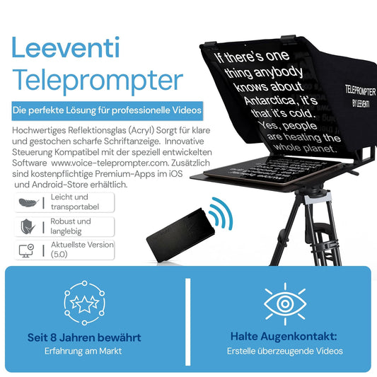 Leeventi Teleprompter compatible with iPad, tablet, smartphone, and DSLR camera. Control via remote or app. Compatible with Android and iOS. Great for video recordings (Version 4.0).