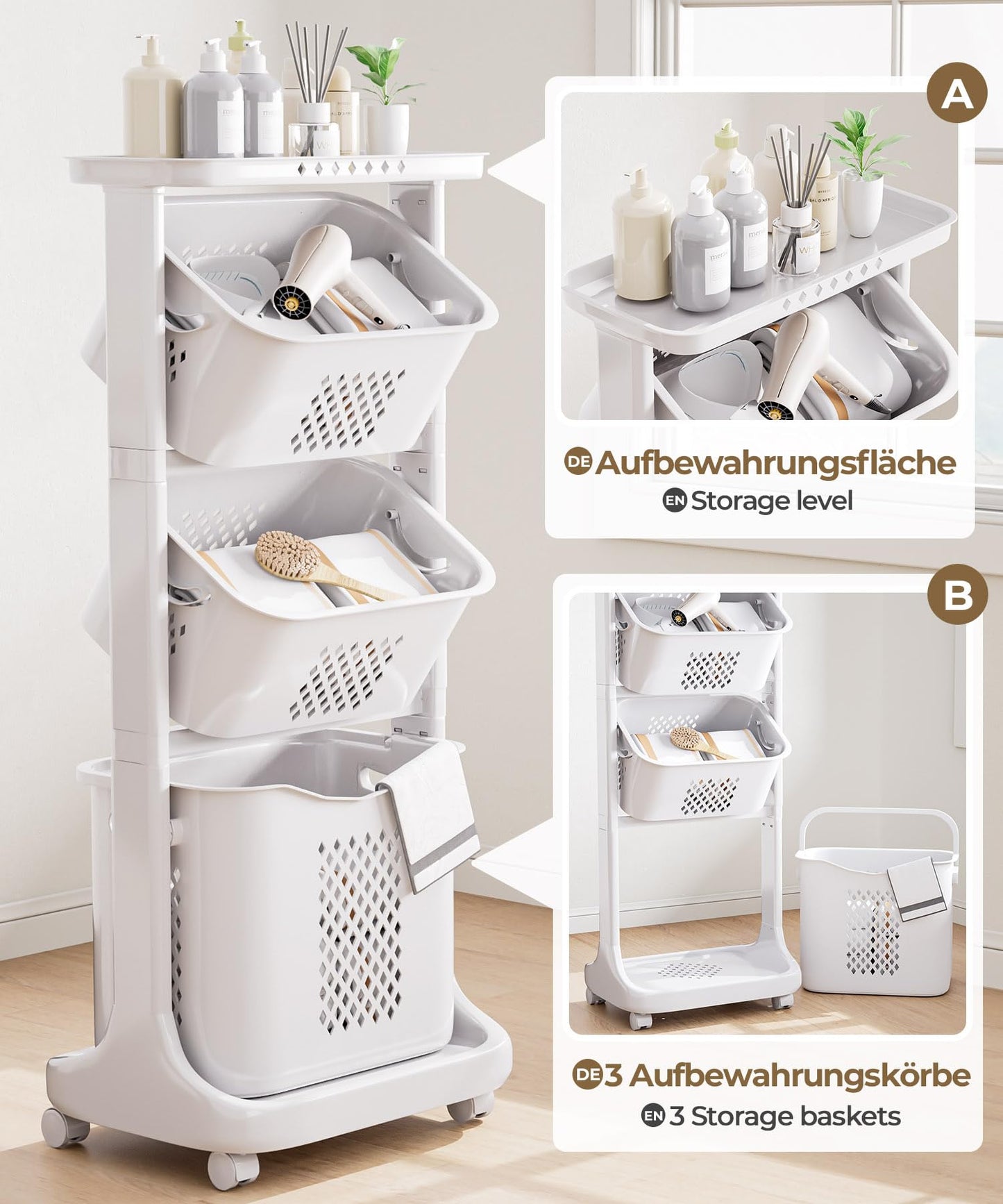 Yorbay laundry basket with wheels, laundry sorter with compartments, storage baskets, laundry collector, laundry trolley, laundry container for clothes and toys.