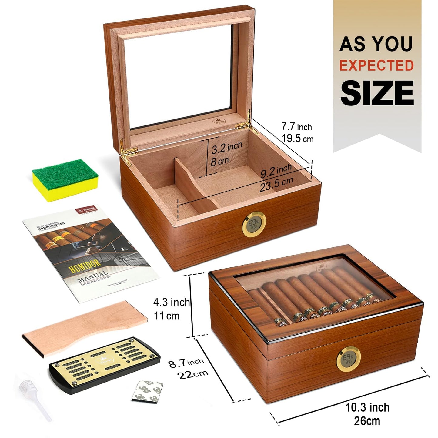 Slege Cigars Humidor, Humidor Cigars Spanish Cedar, with Digital Hygrometer, INOX Cigars Humidifier, Divider, Cuban Cigars Accessories, Gift for Men, German Manual (Brown)