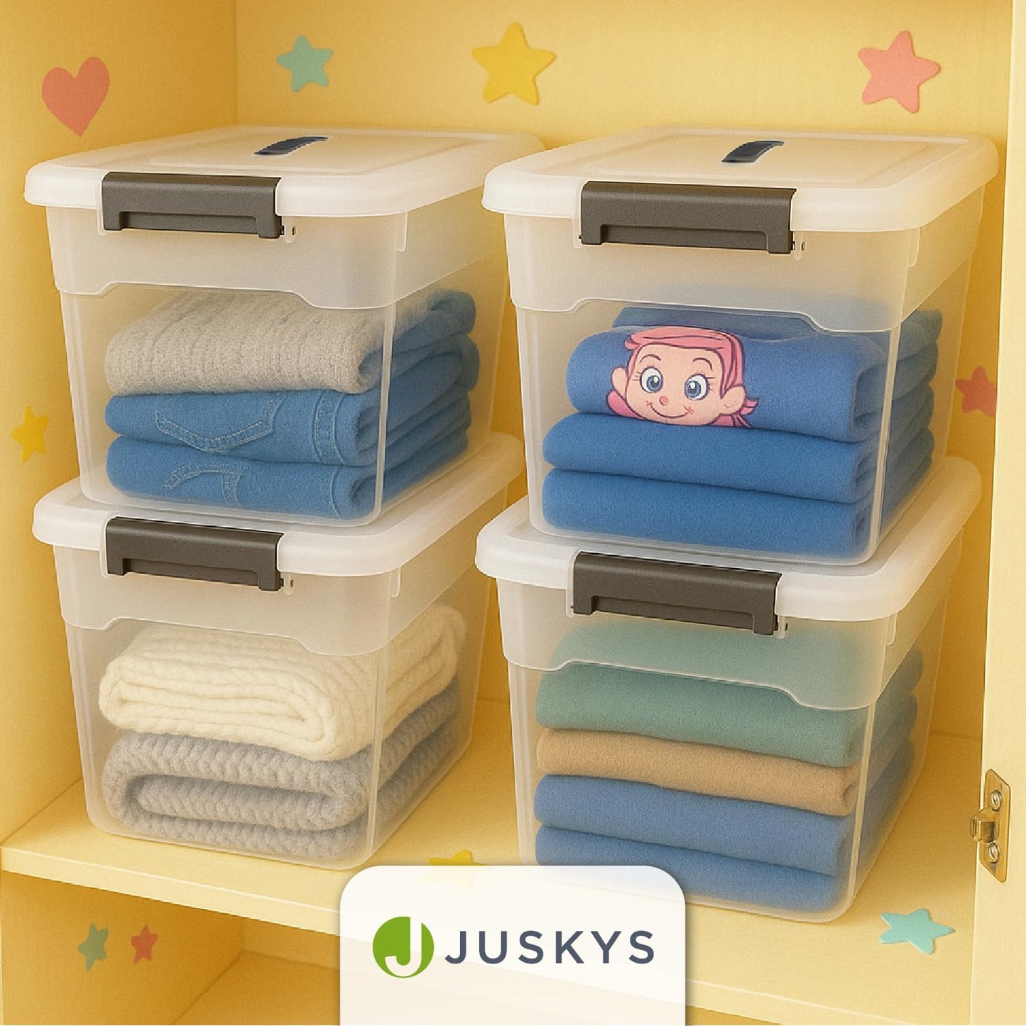 Juskys storage box with lid - 4-piece set plastic boxes 30l - large box, stackable, transparent - storage organization system storage boxes