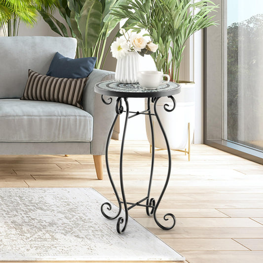 HOMASIS garden table side table with mosaic pattern, plant stand with round tabletop made of metal & tiles, balcony table for garden, balcony & living room (black+grey)