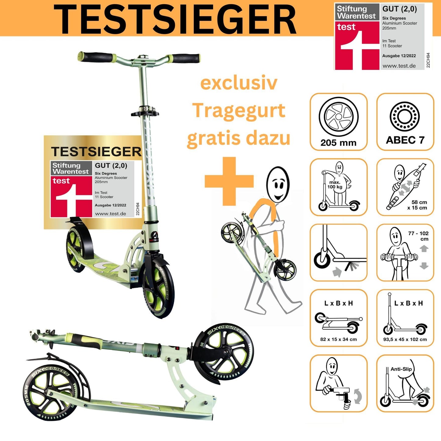 Six Degrees aluminum scooter with folding mechanism and stand, 205 mm, height adjustable, GS tested Lime Dream, TEST WINNER